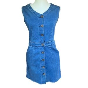 Denim button down sleeveless mini jean cotton blend dress western Size Medium